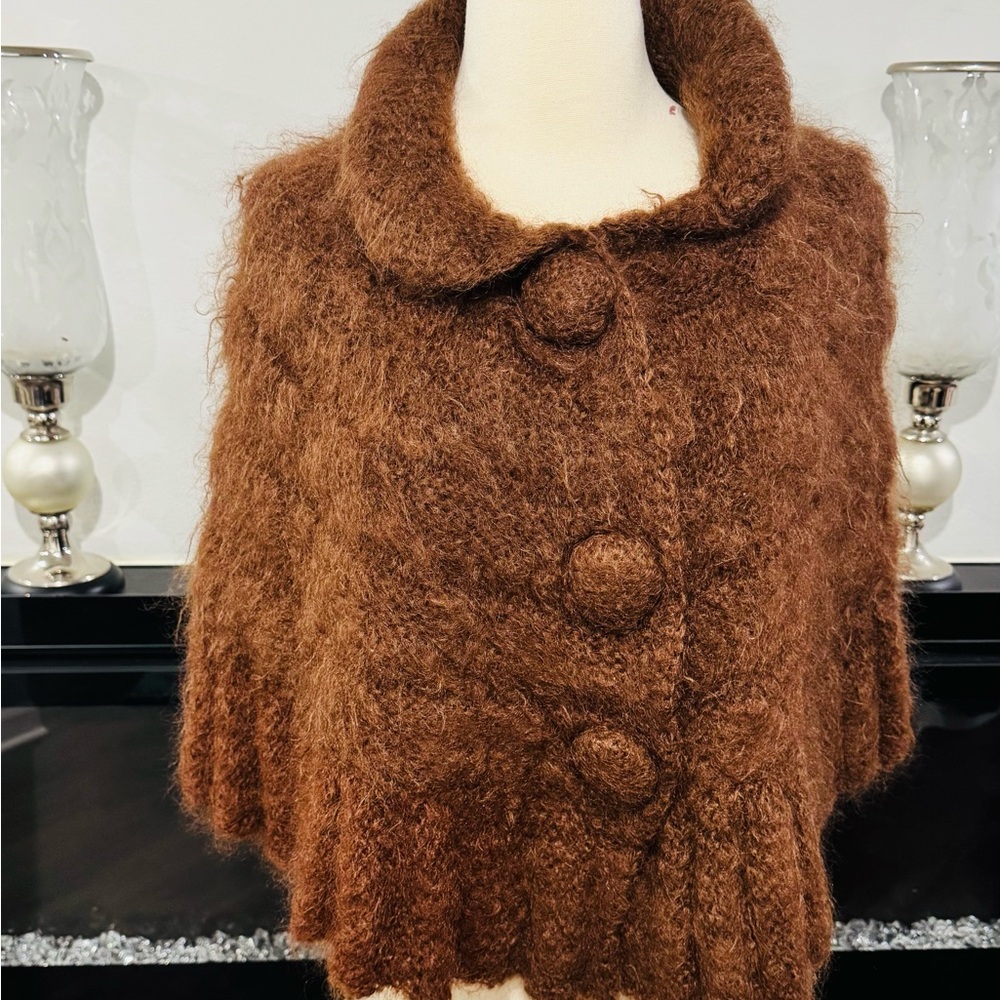Brown VINTAGE Hand Knit Poncho Shawl